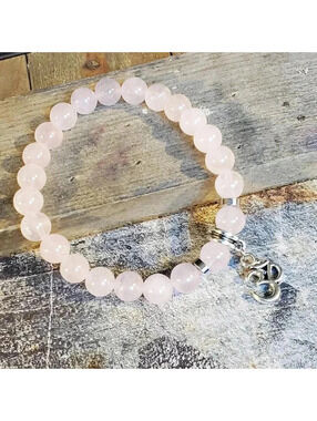 Om Aum Zen Mantra Pink Rose Quartz Gemstone Stretch Bracelet